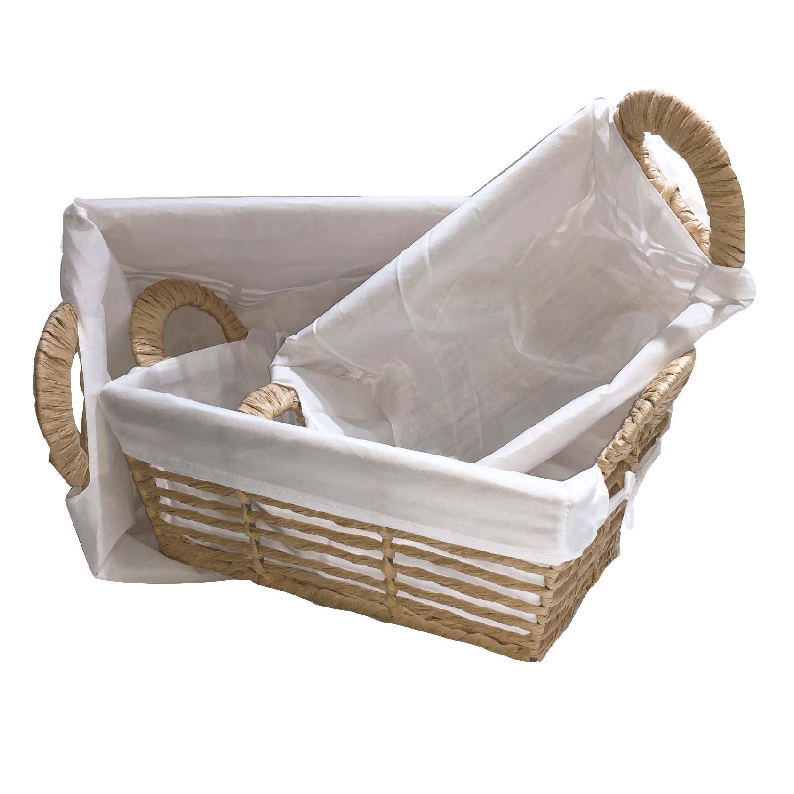Set Of 3 Bamboo Storage Baskets Natural Beige Bamboo With White Fabric Nestable, SK094 